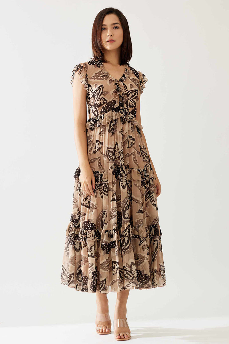 Cream and Dark Brown Floral Midi Dress
