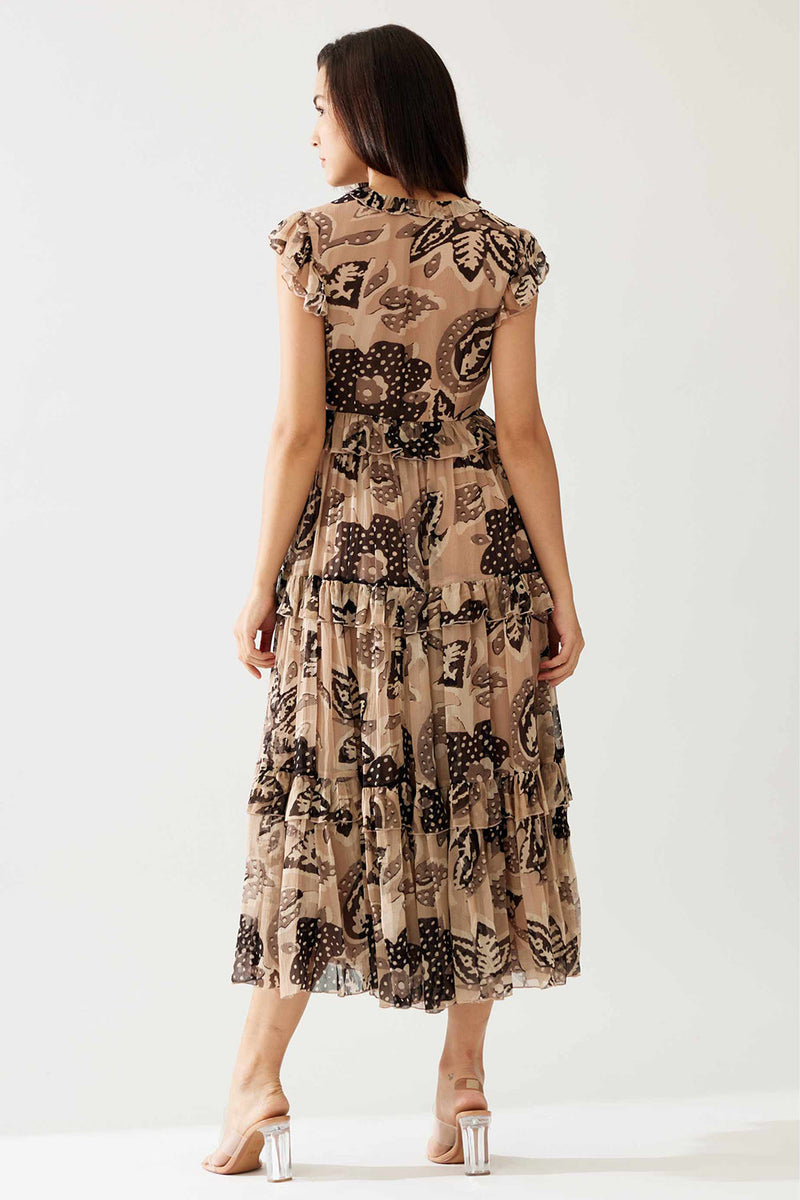 Cream and Dark Brown Floral Midi Dress