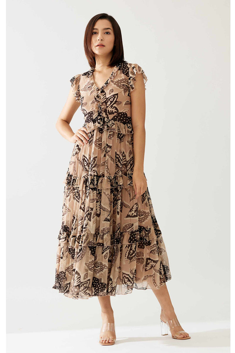 Cream and Dark Brown Floral Midi Dress