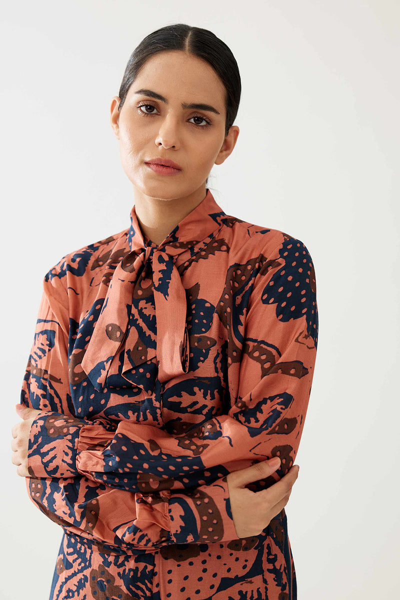Pink and Dark Blue Floral Bow Tie Shirt