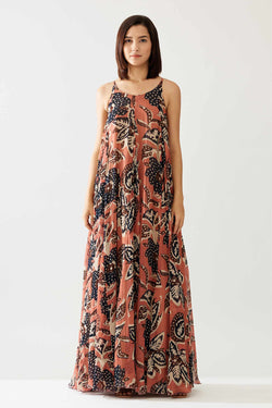 Pink and Dark Blue Floral Sleeveless Long Dress