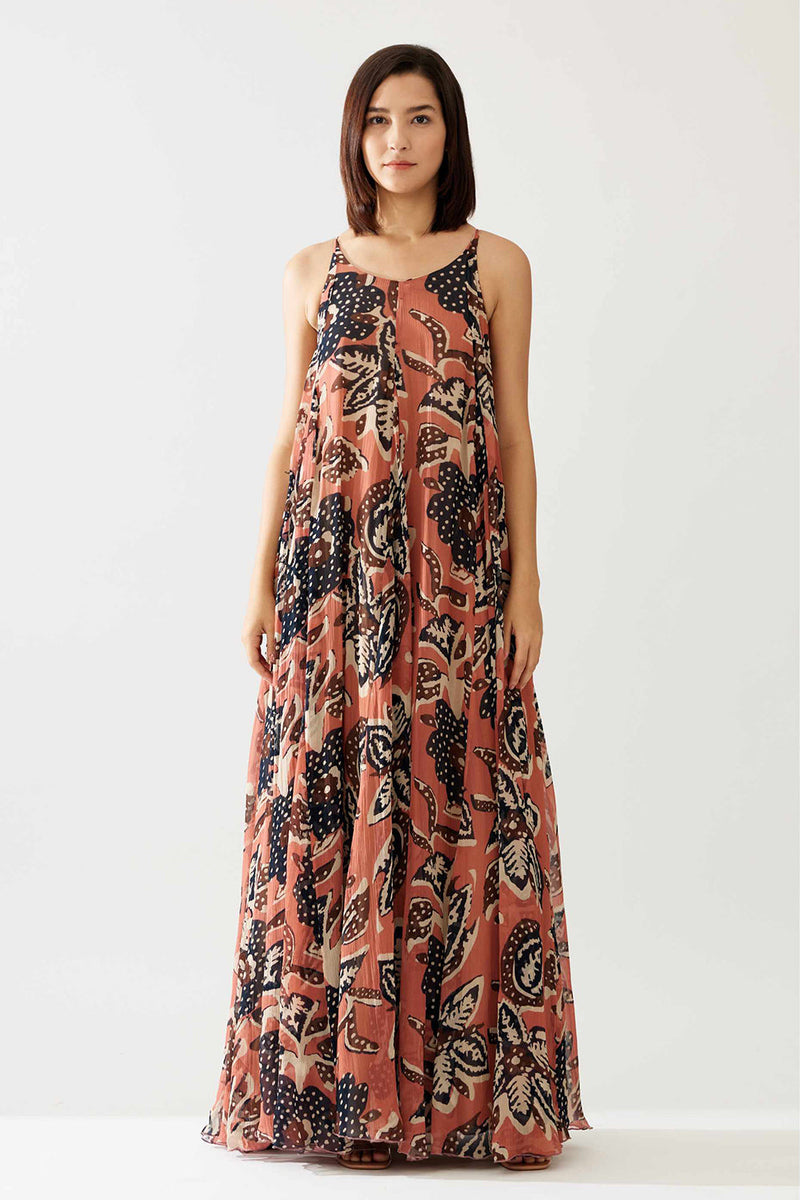 Pink and Dark Blue Floral Sleeveless Long Dress