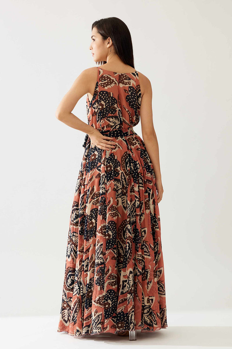 Pink and Dark Blue Floral Sleeveless Long Dress