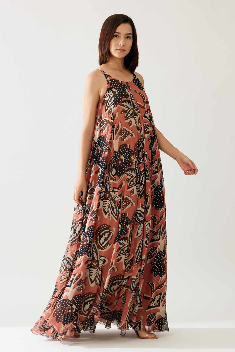 Pink and Dark Blue Floral Sleeveless Long Dress