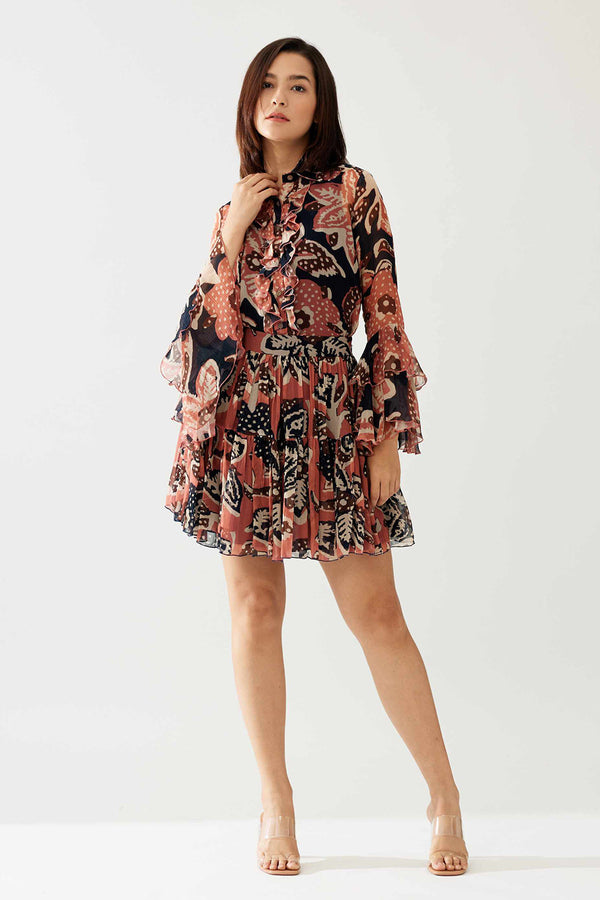 Dark Blue and Pink Floral Frill Top