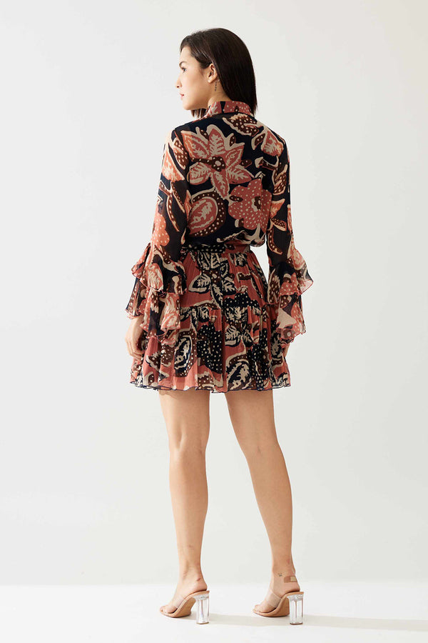 Dark Blue and Pink Floral Frill Top