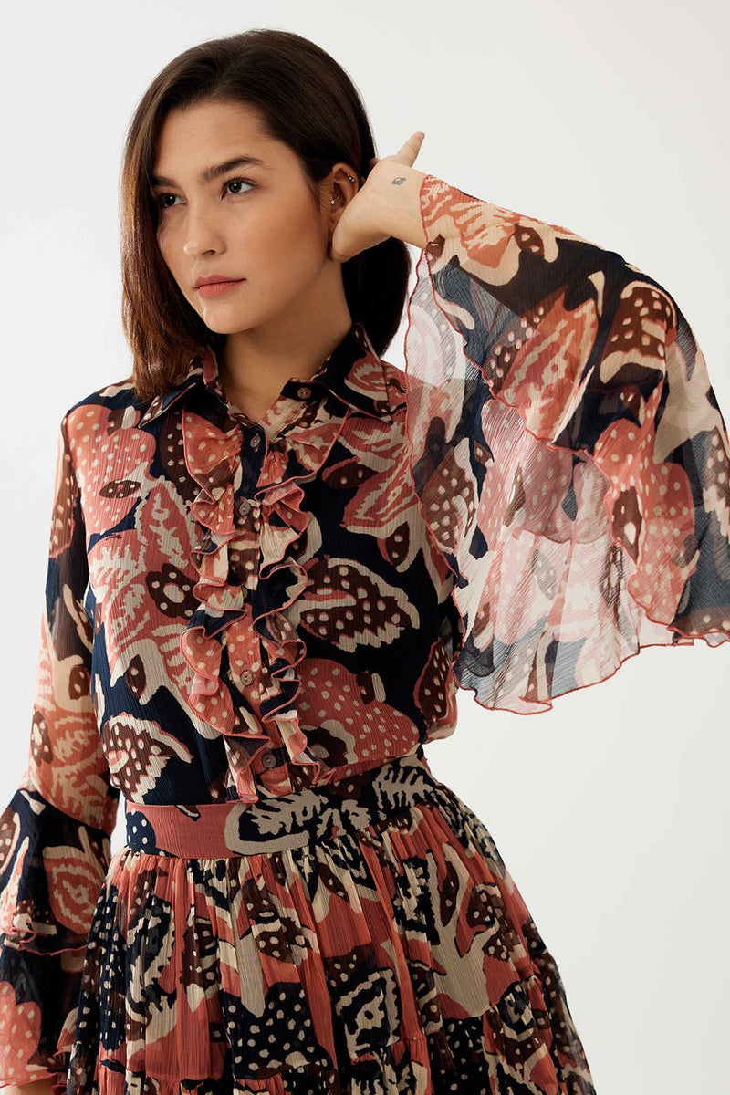 Dark Blue and Pink Floral Frill Top