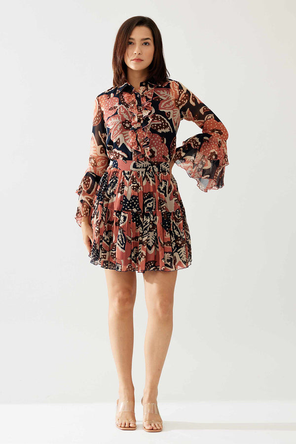 Pink and Dark Blue Floral Short Skirt
