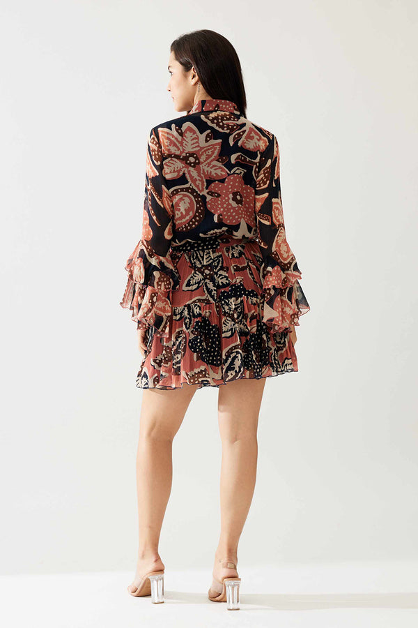 Pink and Dark Blue Floral Short Skirt