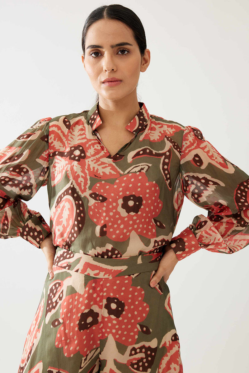 Green Beige and Pink Floral Top