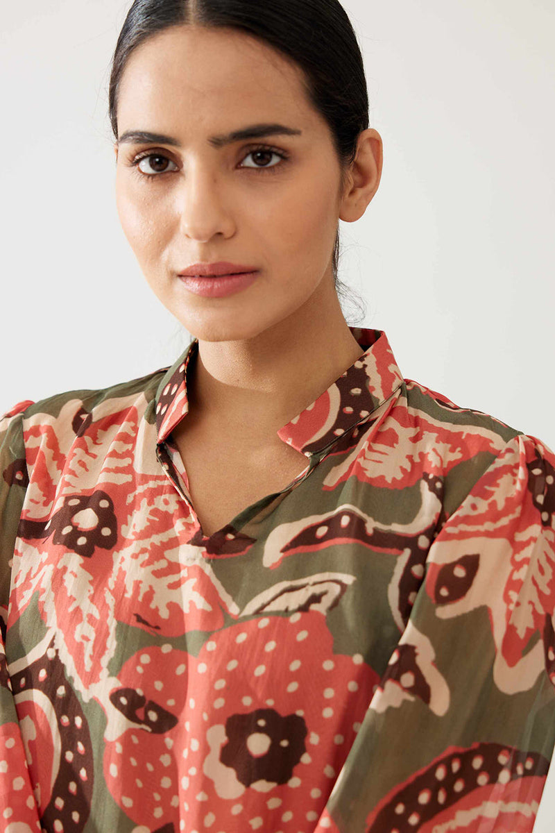 Green Beige and Pink Floral Top