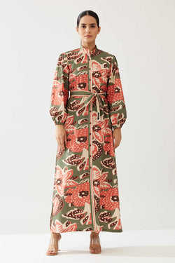 Green Beige and Pink Floral Dress