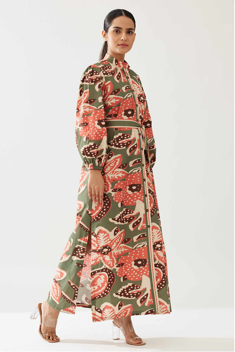 Green Beige and Pink Floral Dress