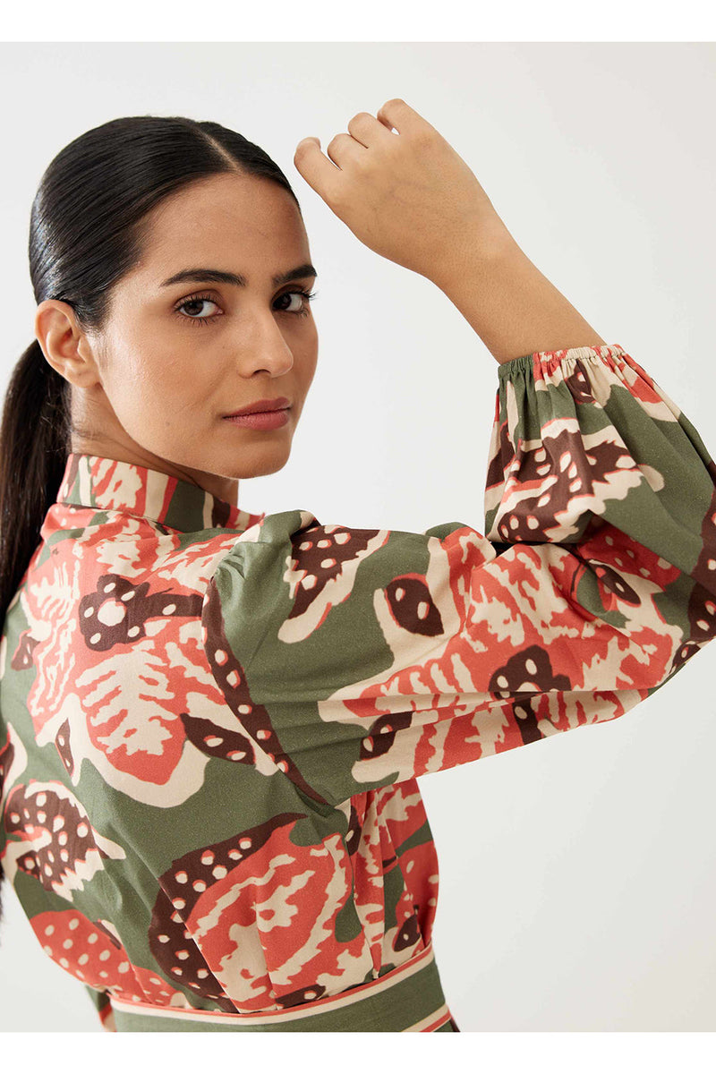 Green Beige and Pink Floral Dress