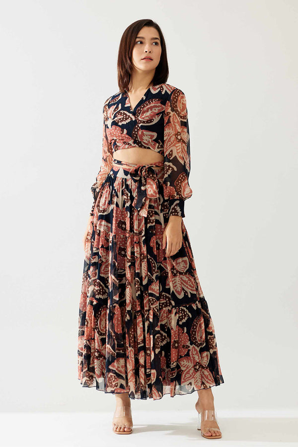 Dark Blue and Pink Floral Wrap Top