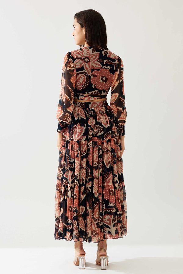 Dark Blue and Pink Floral Wrap Top