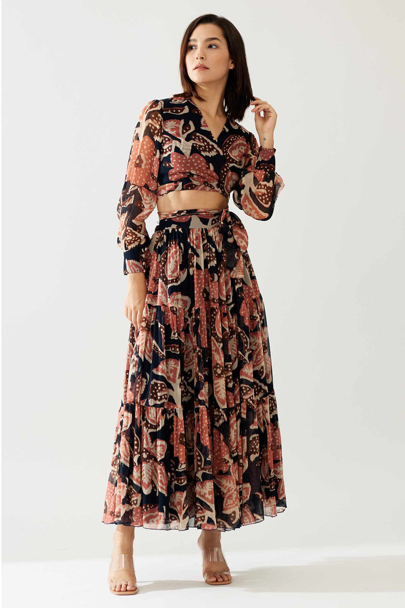 Dark Blue and Pink Floral Wrap Top