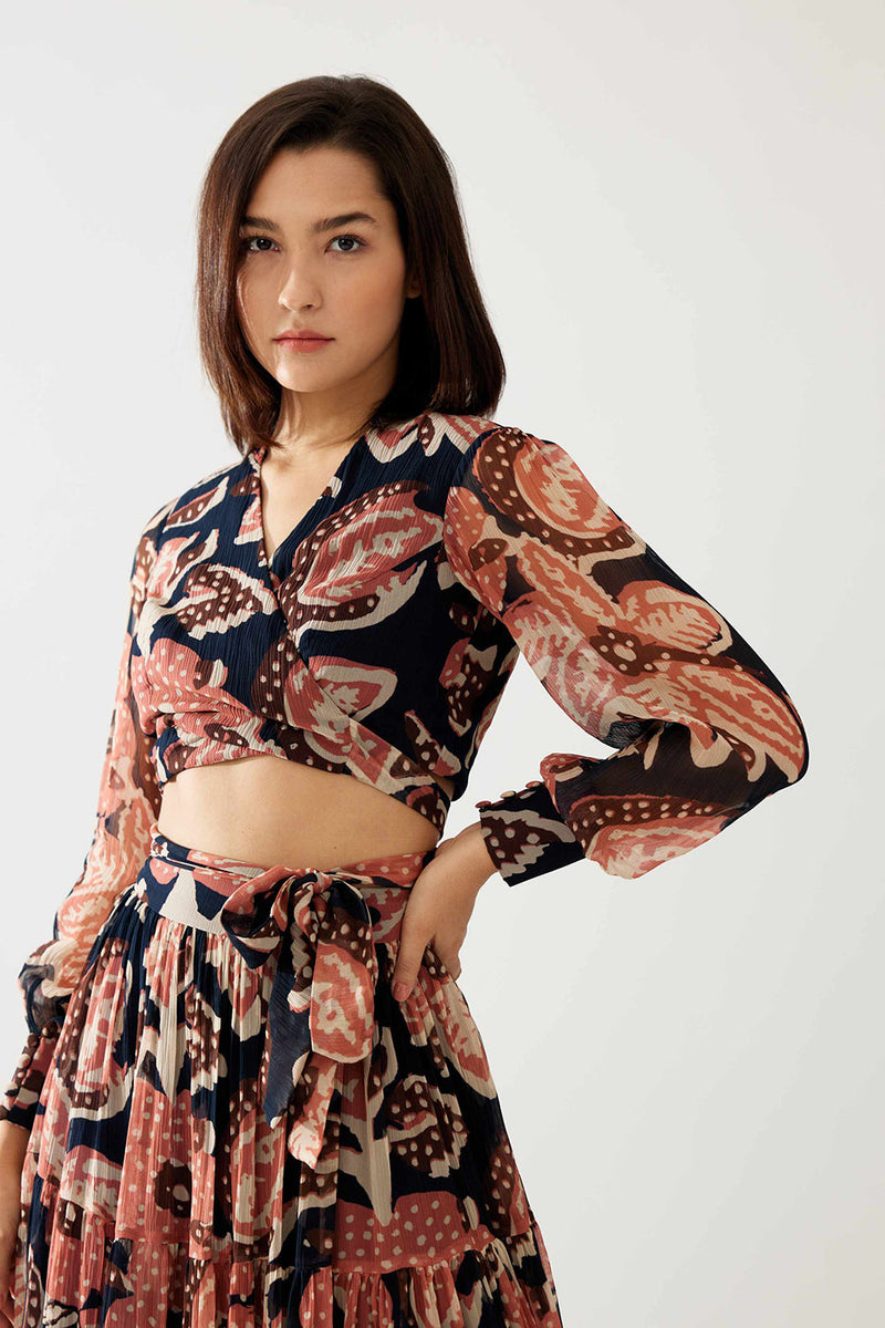 Dark Blue and Pink Floral Wrap Top