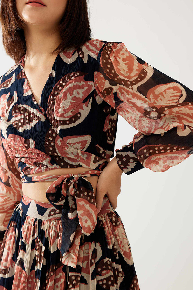 Dark Blue and Pink Floral Wrap Top