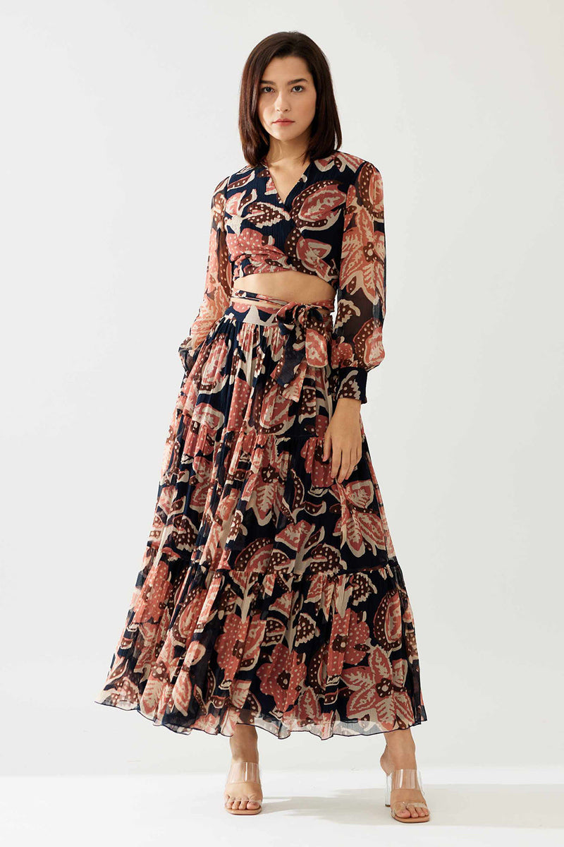 Dark Blue and Pink Floral Three Layer Skirt