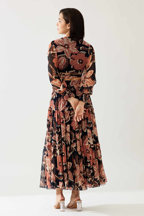 Dark Blue and Pink Floral Three Layer Skirt
