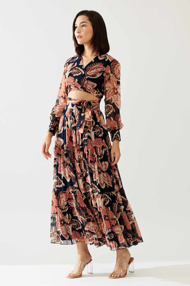 Dark Blue and Pink Floral Three Layer Skirt