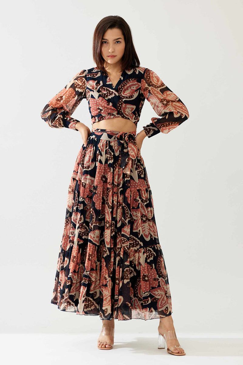 Dark Blue and Pink Floral Three Layer Skirt