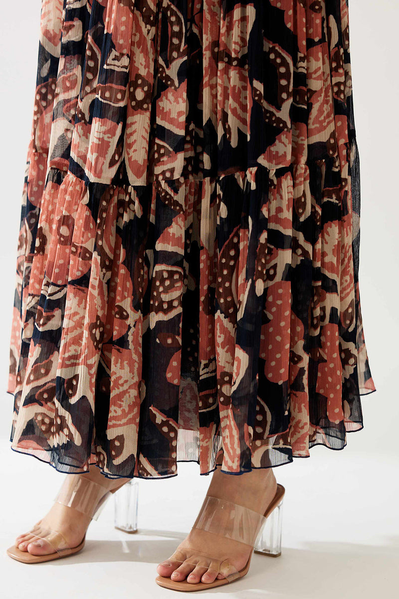 Dark Blue and Pink Floral Three Layer Skirt