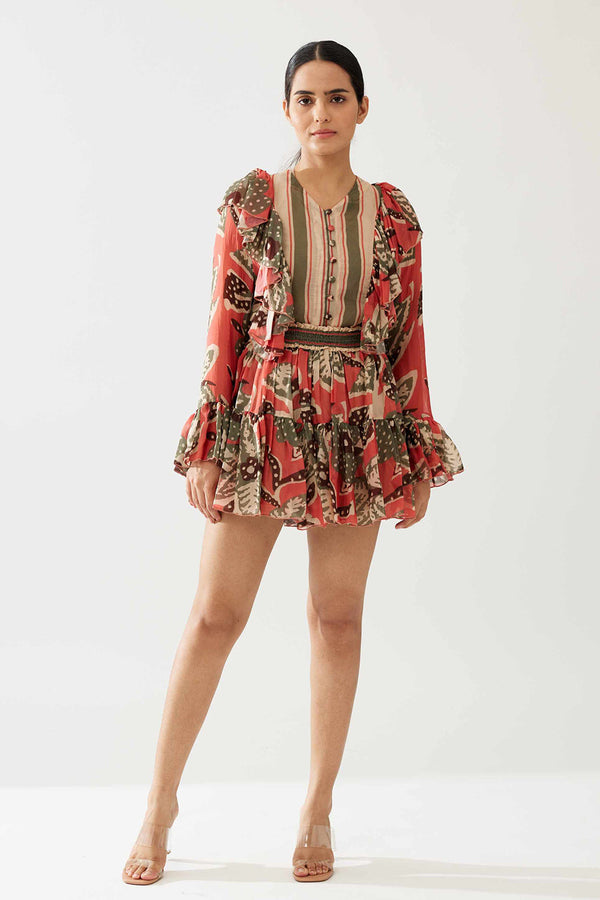Pink Beige and Green Floral Frill Top