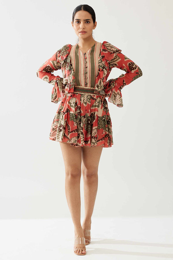 Pink Beige and Green Floral Frill Top
