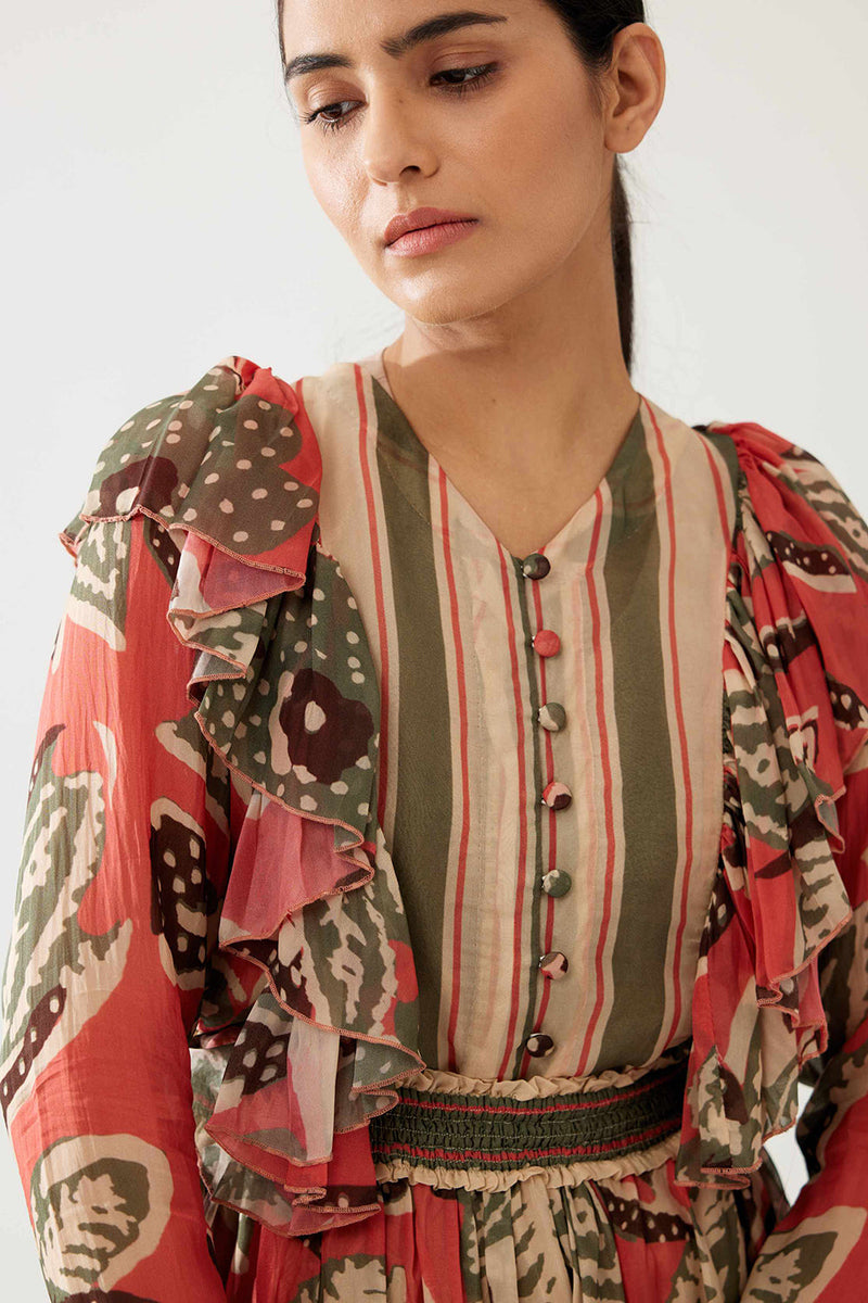 Pink Beige and Green Floral Frill Top