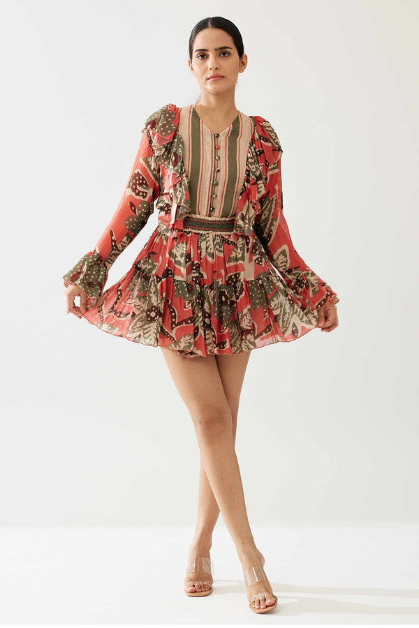 Pink Beige and Green Floral Short Skirt