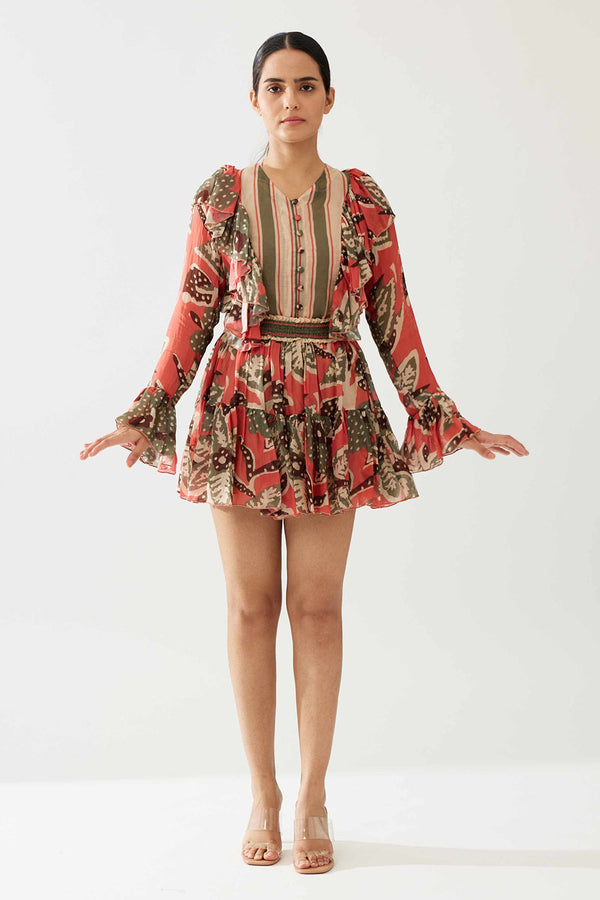 Pink Beige and Green Floral Short Skirt
