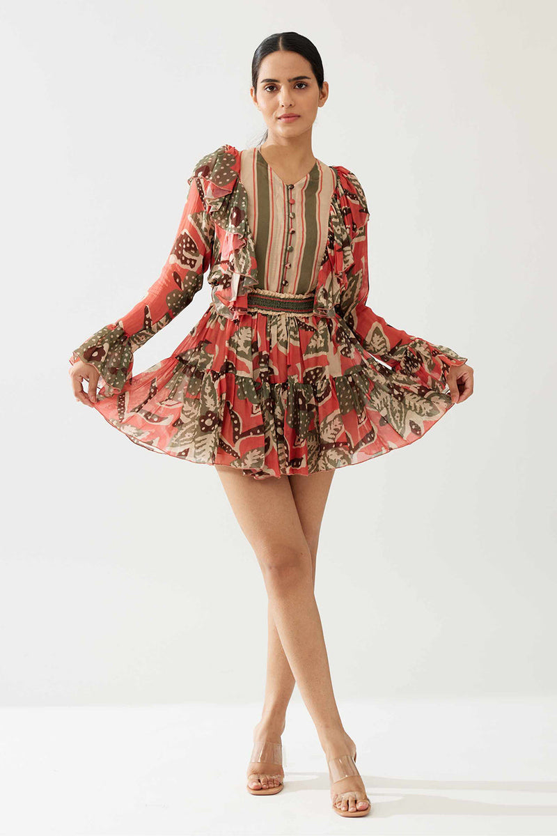 Pink Beige and Green Floral Short Skirt