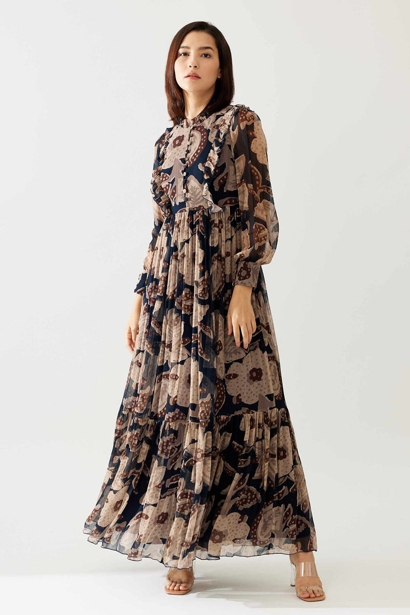 Dark Blue and Beige Floral Long Dress