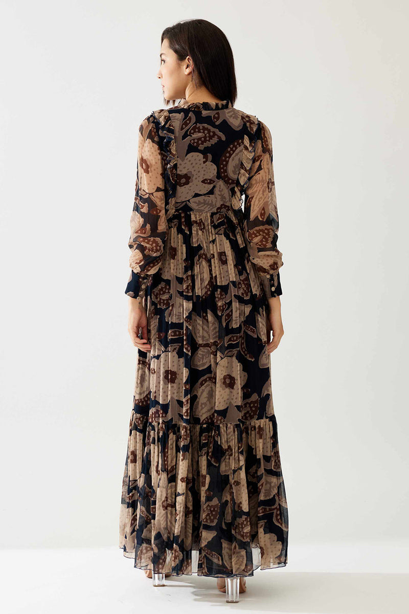 Dark Blue and Beige Floral Long Dress
