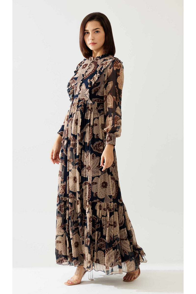 Dark Blue and Beige Floral Long Dress