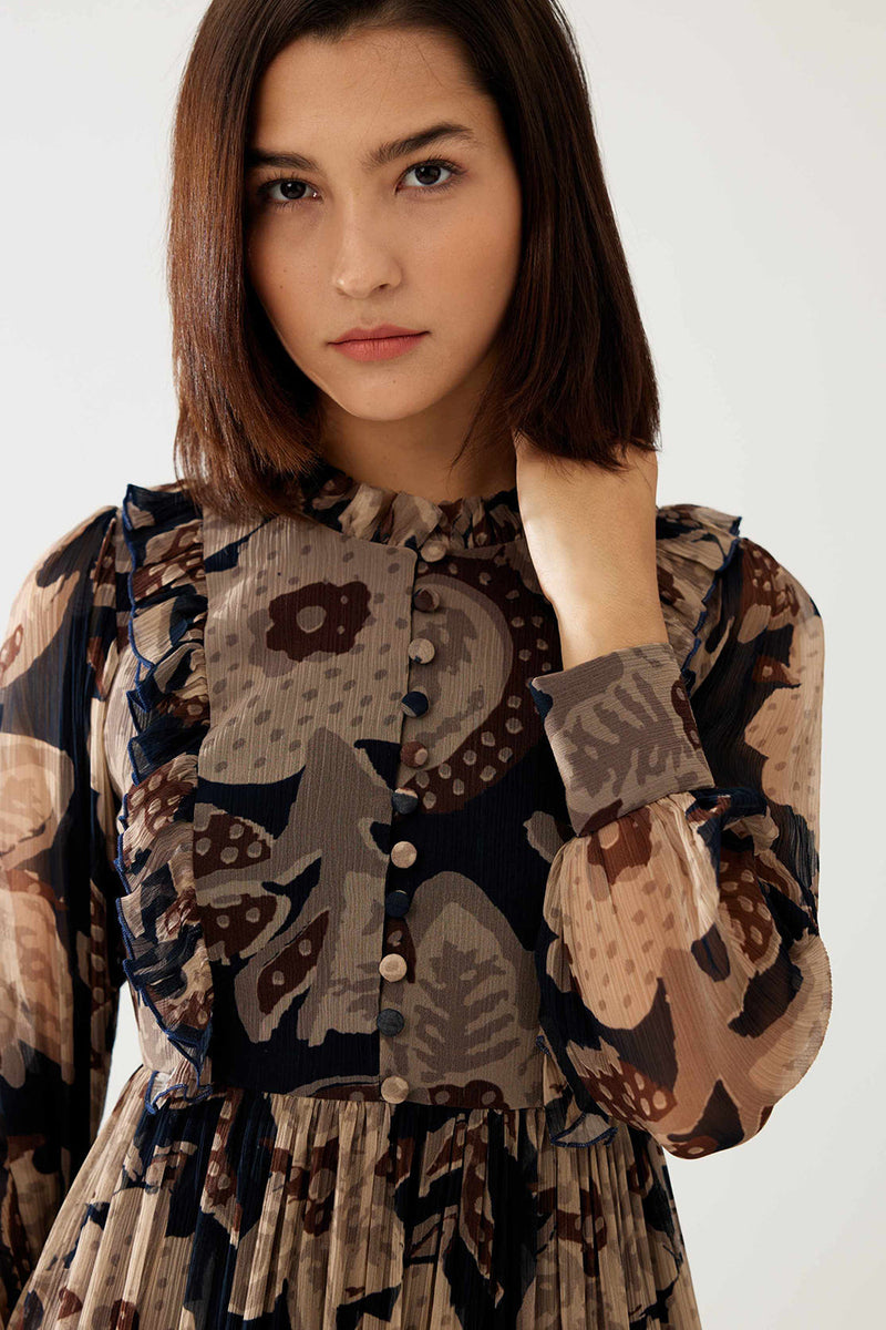 Dark Blue and Beige Floral Long Dress