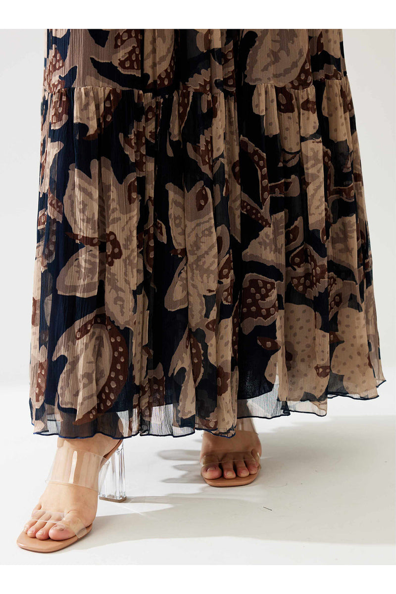 Dark Blue and Beige Floral Long Dress