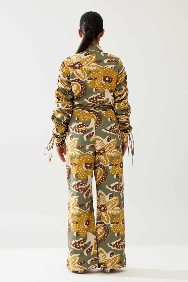 Olive and Mustard Floral Smocking Sleeve Shirt
