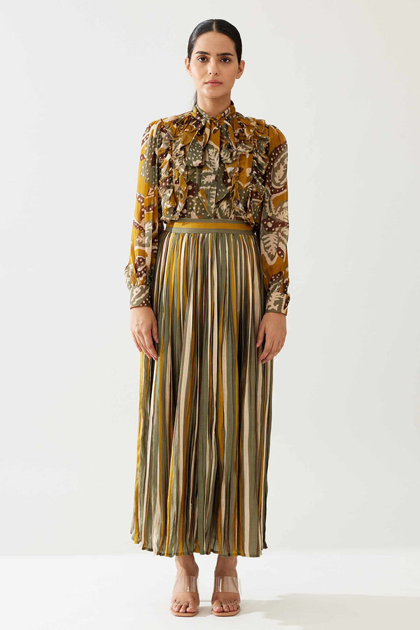 Mustard and Olive Floral Frill Top