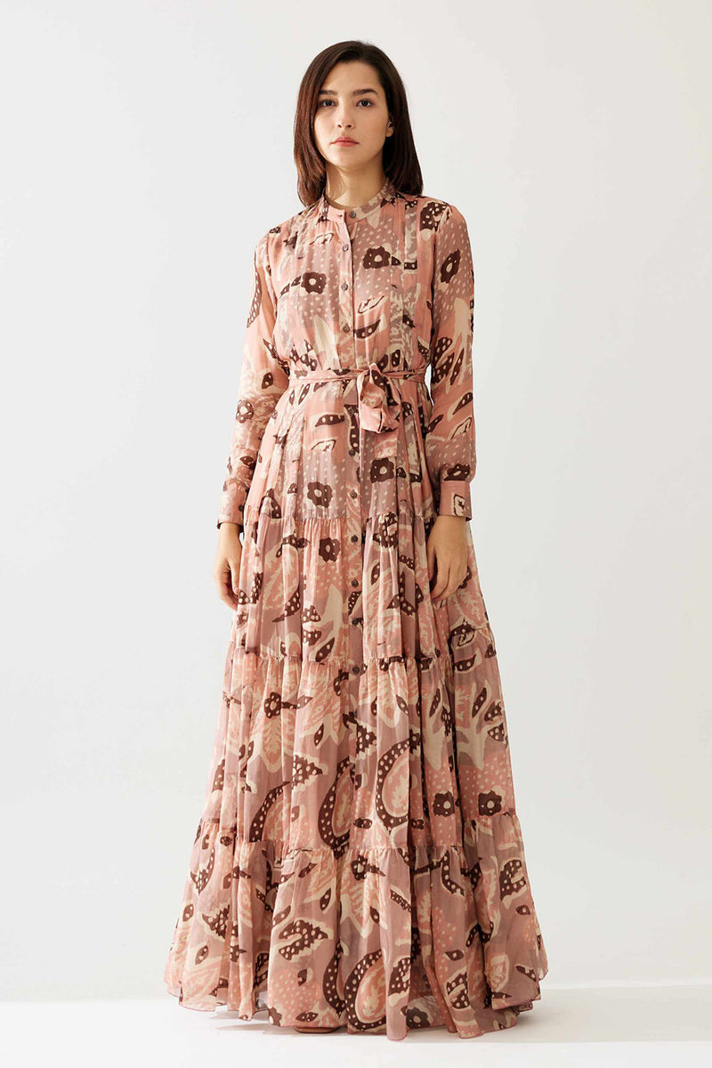Peach and Cream Floral Long Shirt Dress