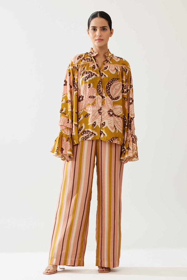 Mustard and Pink Floral Frill Collar Shirt