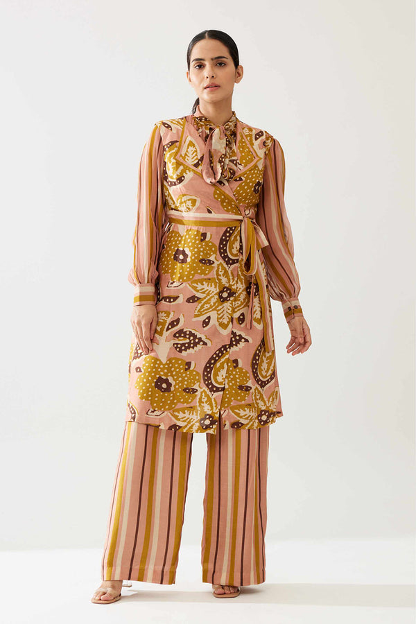 Pink and Mustard Floral Sleeveless Jacket
