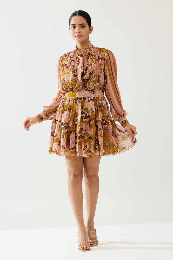 Mustard and Pink Floral Short Skirt