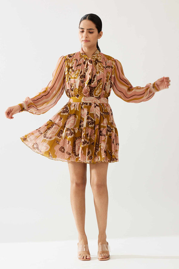 Mustard and Pink Floral Short Skirt