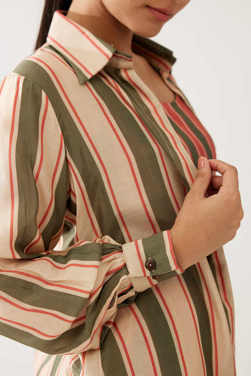 Green, Cream and Red Stripe Long Shirt