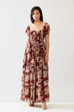 Red and Peach Floral Frill Dress