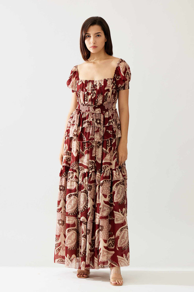 Red and Peach Floral Frill Dress