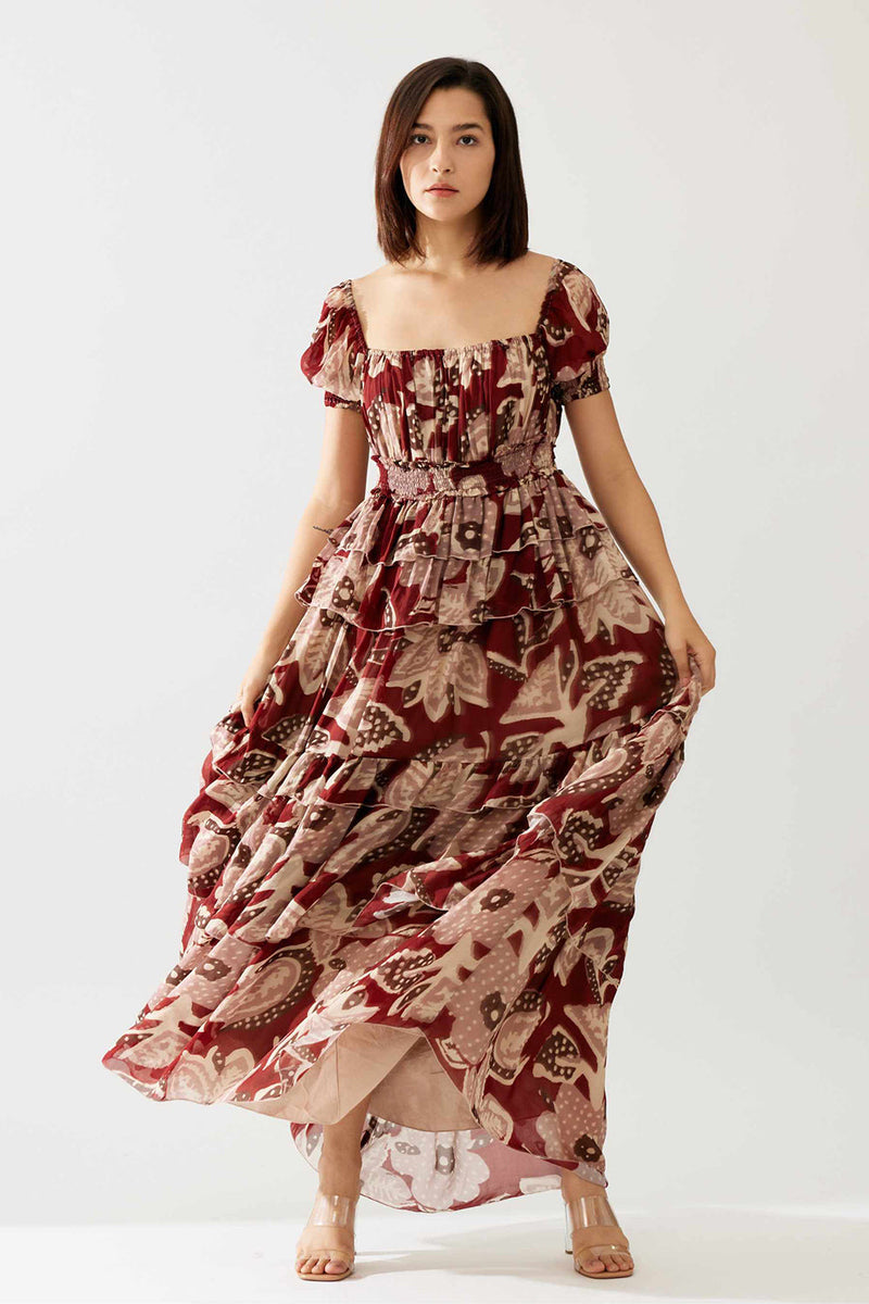 Red and Peach Floral Frill Dress